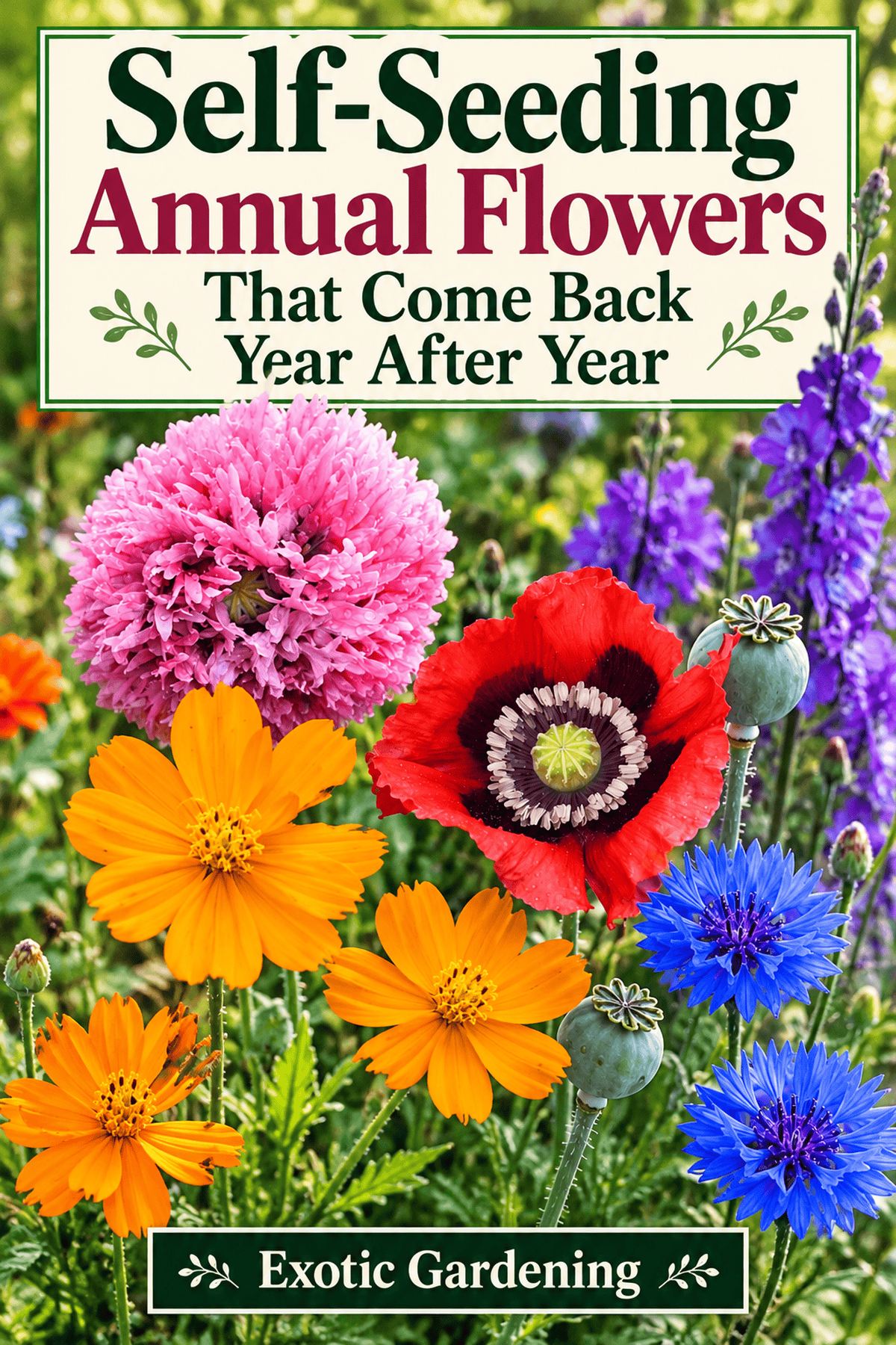 Pinterest graphic showing colorful self-seeding cosmos, poppies, larkspur and bachelor's buttons with the title Self-Seeding Annual Flowers That Come Back Year After Year