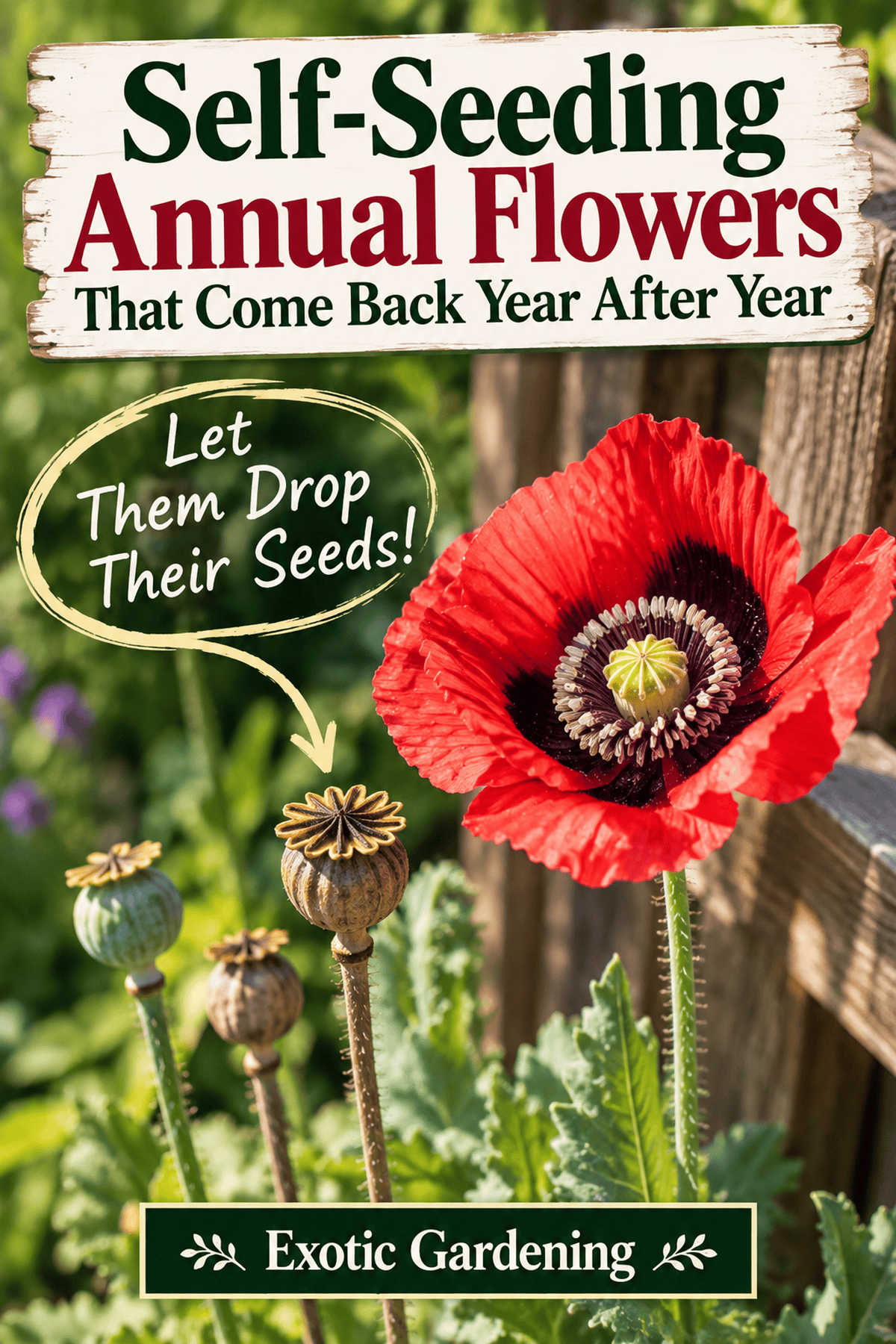 Red poppy and dried seed pods with the message Let Them Drop Their Seeds and the self-seeding annual flowers article title