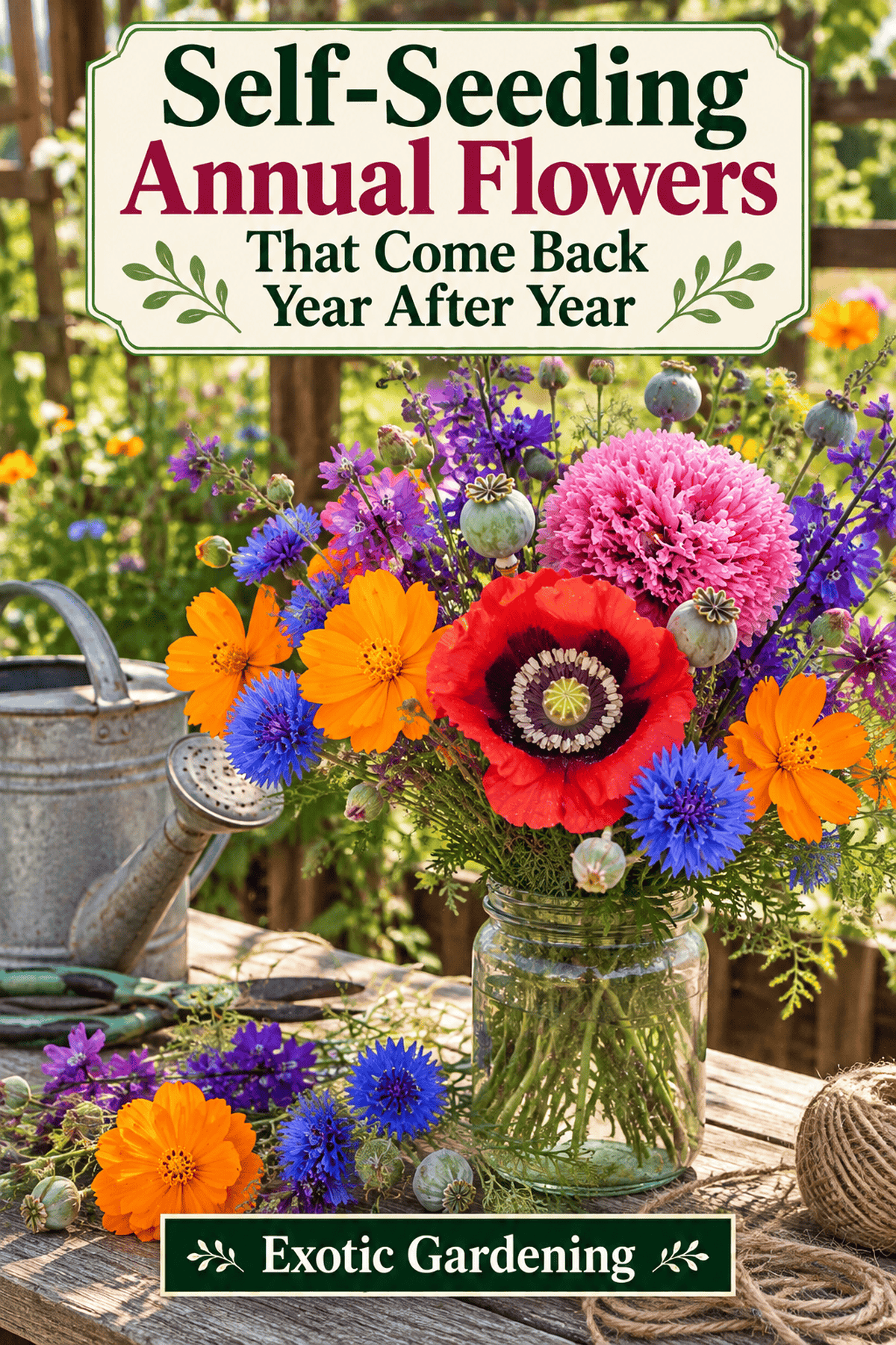 Garden-inspired bouquet of orange cosmos, pink and red poppies, blue bachelor's buttons and purple larkspur in a glass jar with the self-seeding annual flowers article title