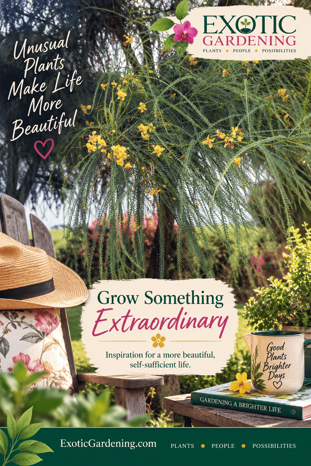 Cascading yellow orchid flowers in a garden setting with an unusual plants lifestyle message.